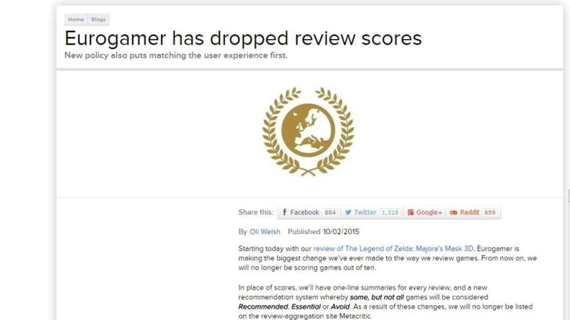 Αφαιρεί την βαθμολογία από τα reviews το Eurogamer